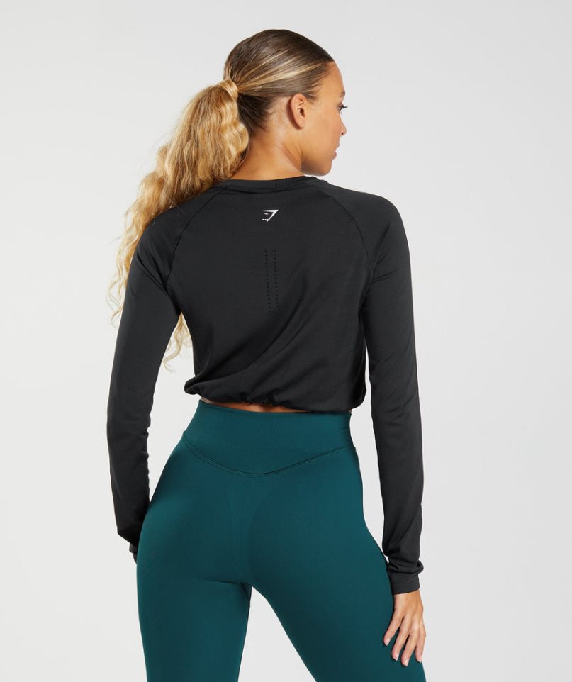 Women's Gymshark Sweat Seamless Long Sleeve Cropped Tops Black | NZ 1HTQLS